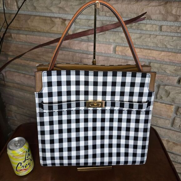 🐢 Tory Burch Black/White Checkered Canvas Lee Radziwill Top Handle Bag - Picture 4 of 17